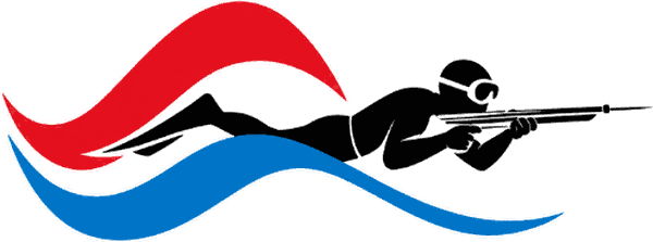 Logo La Chasse Sous-Marine : chasseur sous-marin en apnée sur vague tricolore